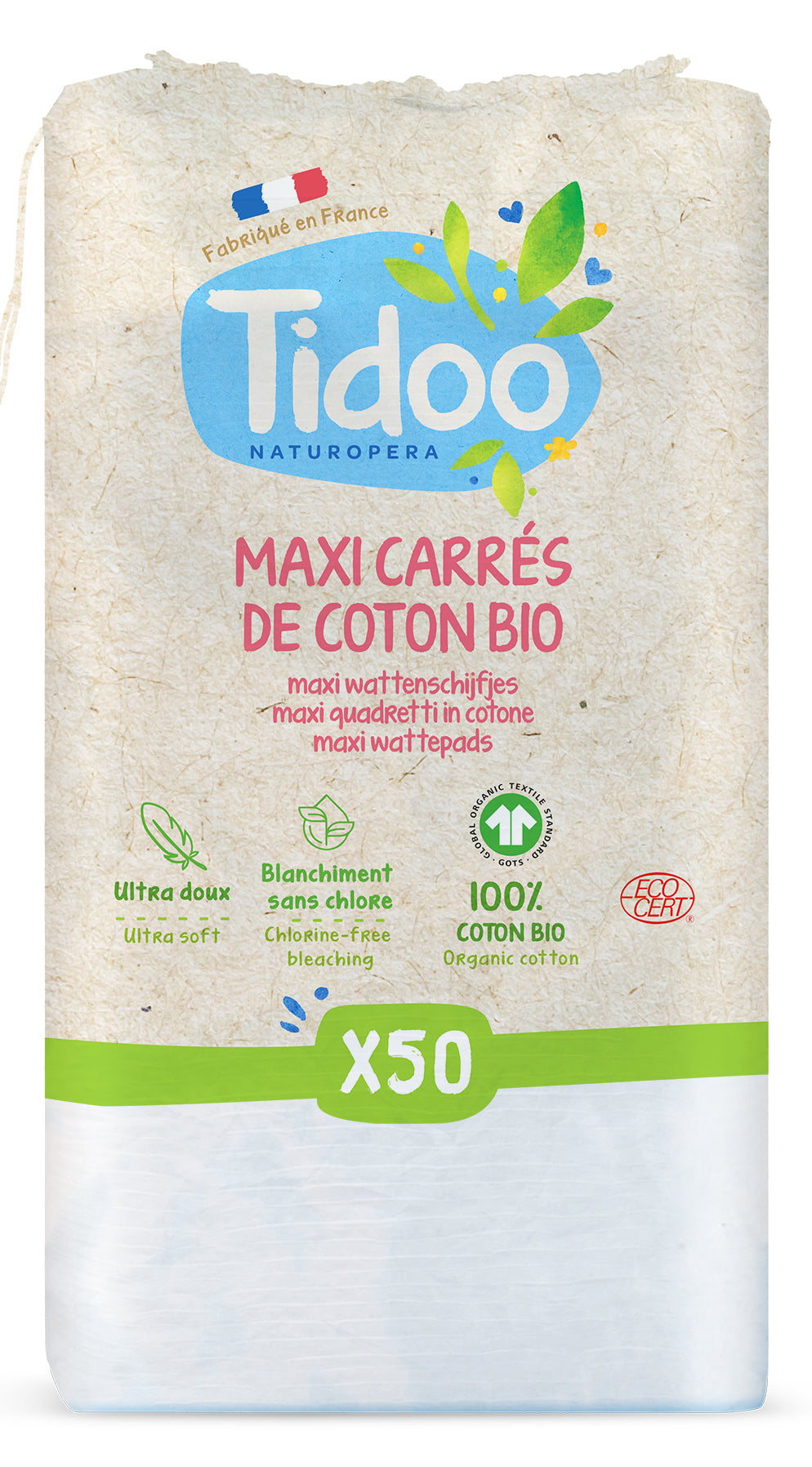 Maxi Carrés de Coton - 50 Pièces - Bio - Tidoo