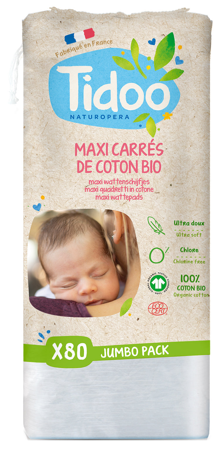 Maxi Carrés Coton - 80 Pièces - Bio - Tidoo