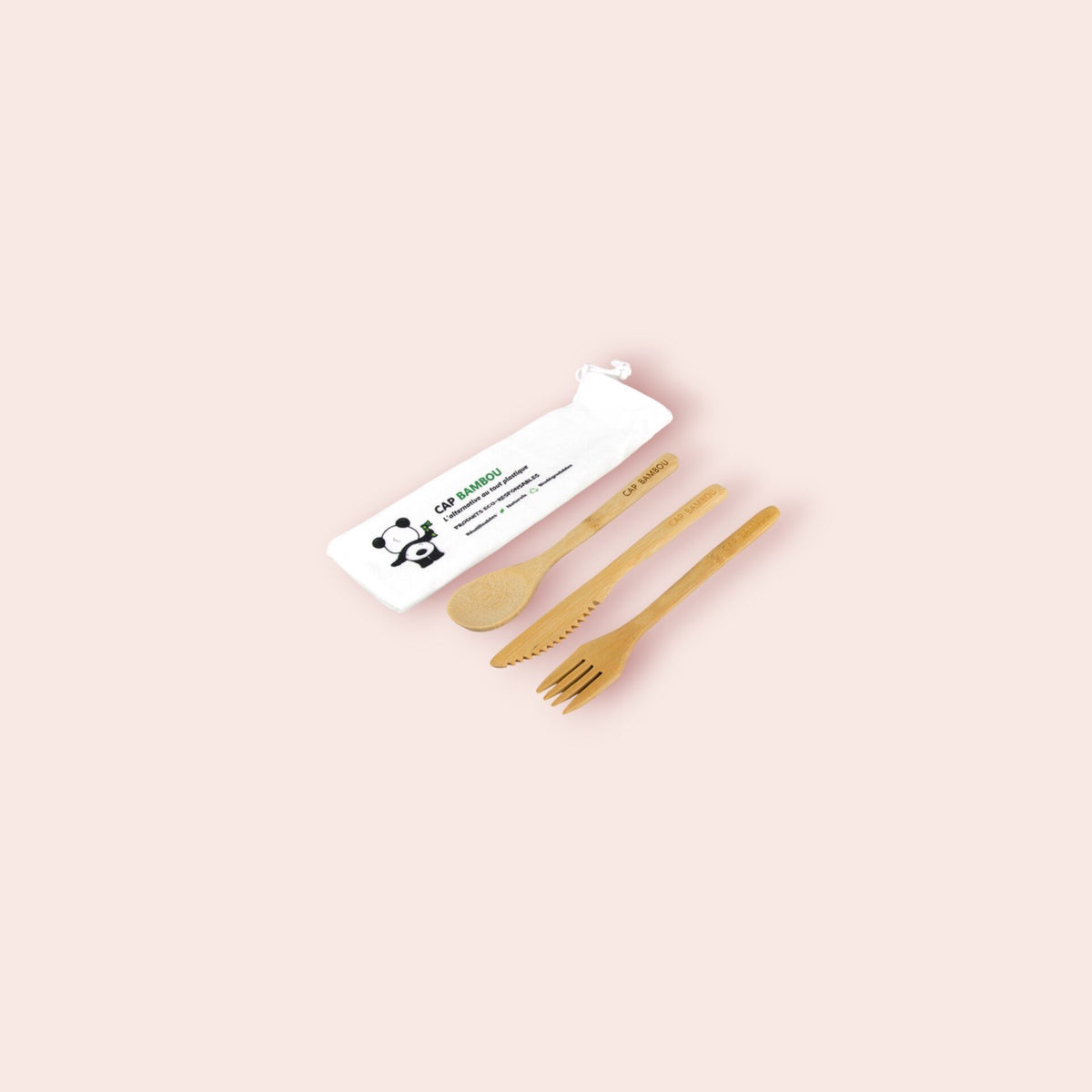 Kit de 3 Couverts en Bambou avec Pochon (Fourchette + Couteau + Cuillère) - 1 Kit - Cap Bambou
