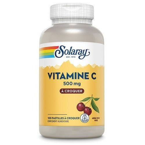 Vitamine C à Croquer - 500 mg - Arôme Cerise Noire - Solaray - 100 Pastilles à Croquer