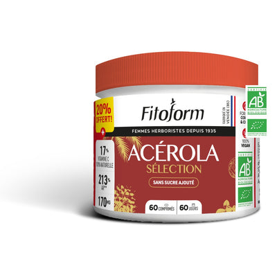 Acérola Sélection Sans Sucres Ajoutés - Pilulier de 60 Comprimés - Bio - Fitoform