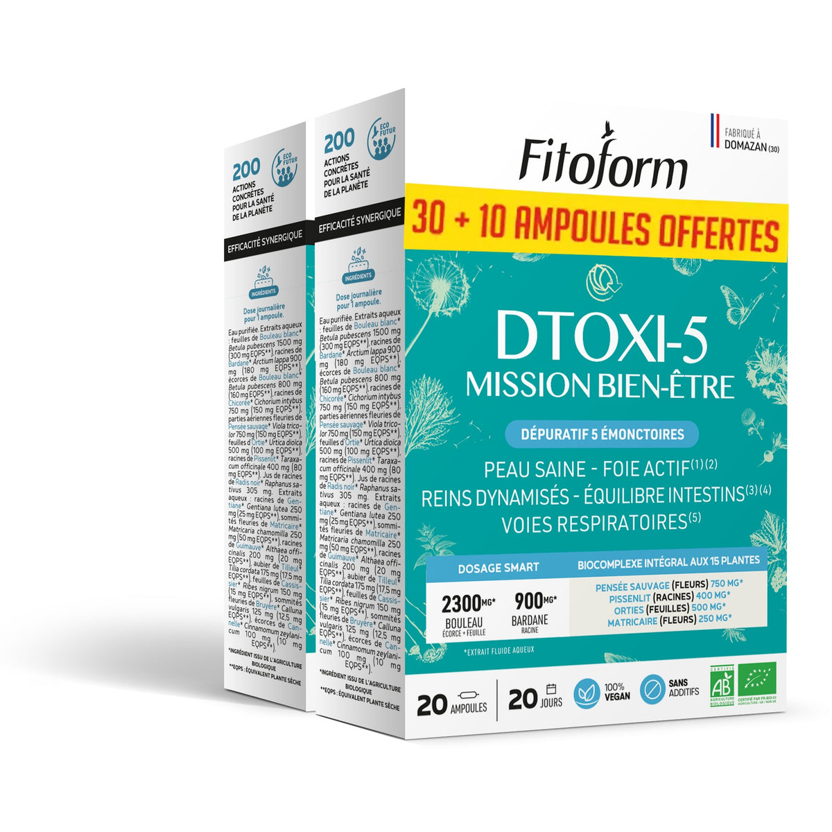 DTOXI-5 Mission Bien-Être - Ampoules de 10 ml - Bio - Fitoform - 40 Ampoules (30 + 10 Offertes)