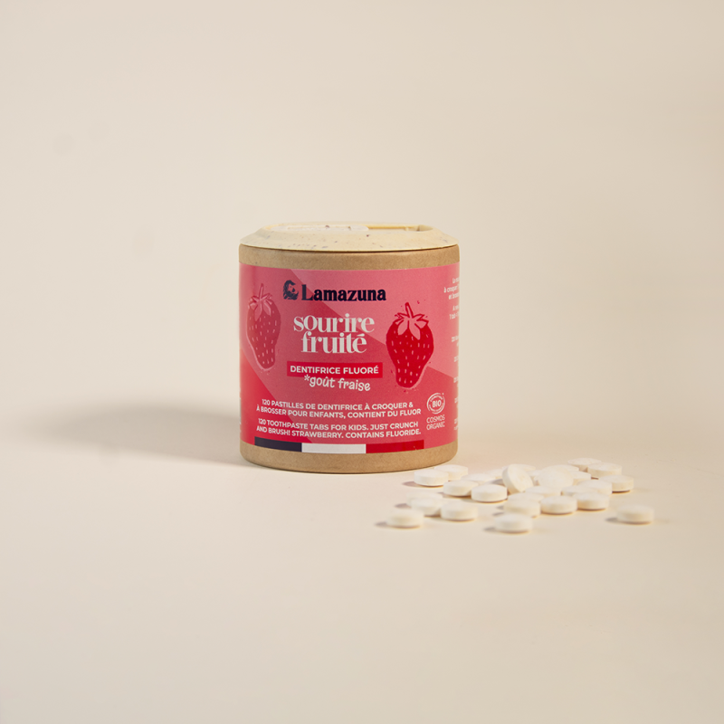 Dentifrice à Croquer Enfant avec Fluor - Fraise - 120 Pastilles - Bio - Cosmos Organic - Lamazuna