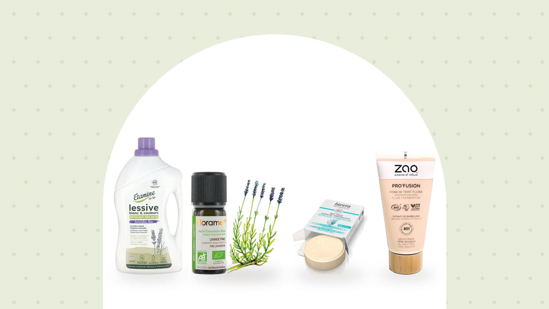 Lessive Etamine du Lys, huile essentielle Florame, shampooing solide Lavera et fond de teint Zao sous une arche blanche sur fond vert tendre