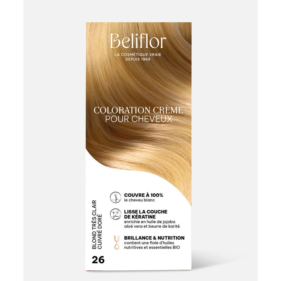 Coloration Crème Sans Ammoniaque - Kit de 135 ml - Beliflor - 26 Blond Très Clair Cuivré Doré