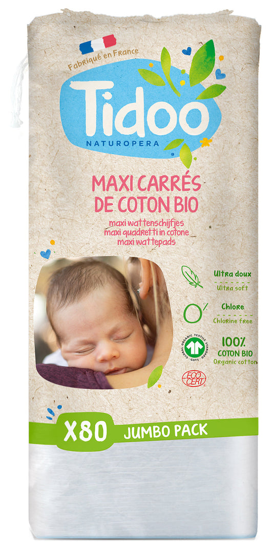 Maxi Carrés Coton - 80 Pièces - Bio - Tidoo