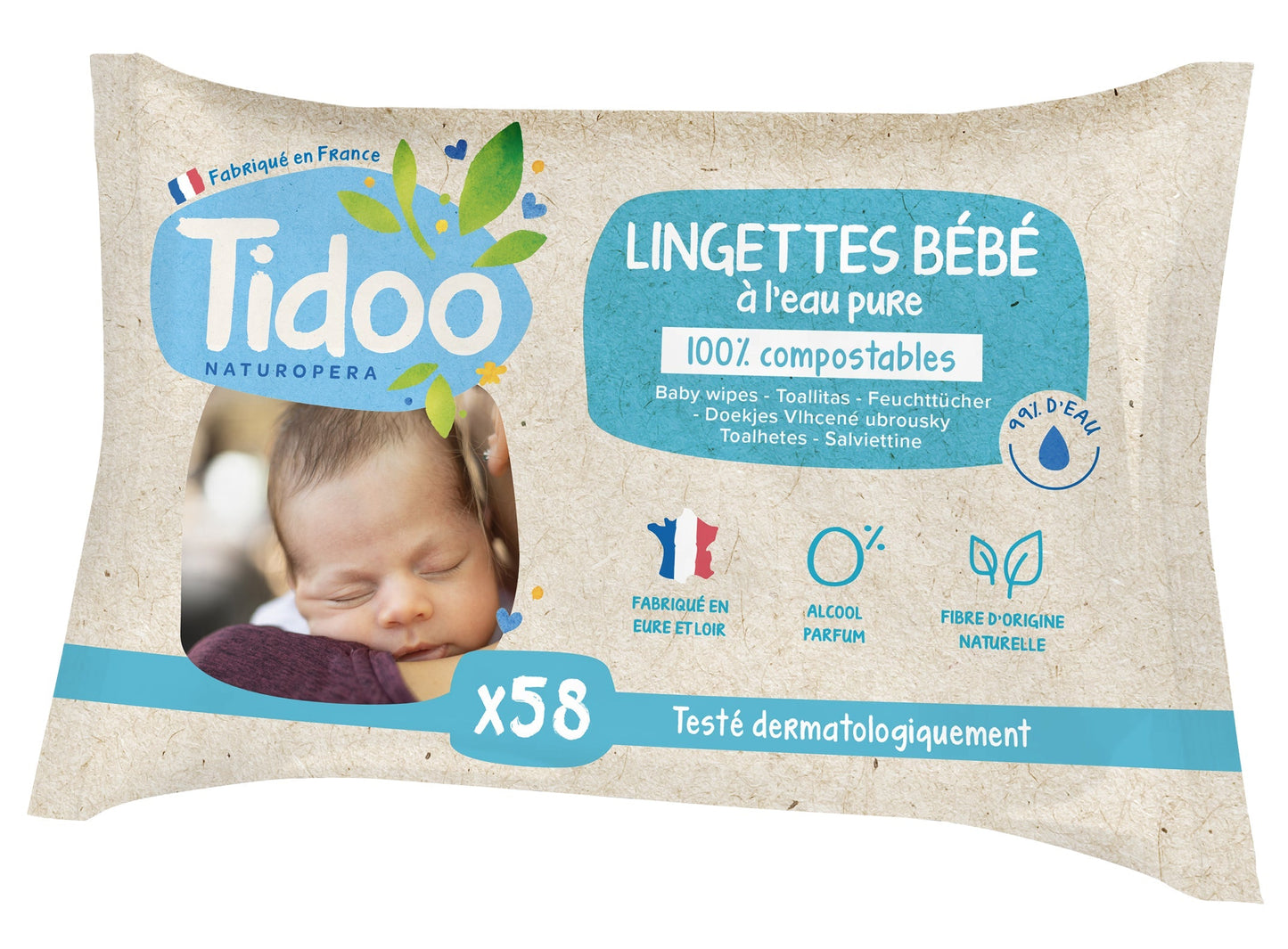 Lingettes Eau Puré Compostables - 58 Pièces - Tidoo