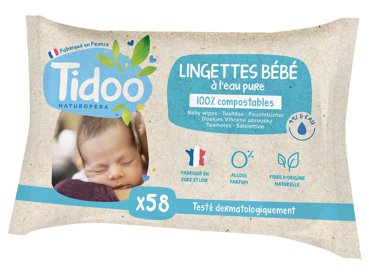 Lingettes Eau Puré Compostables - 58 Pièces - Tidoo