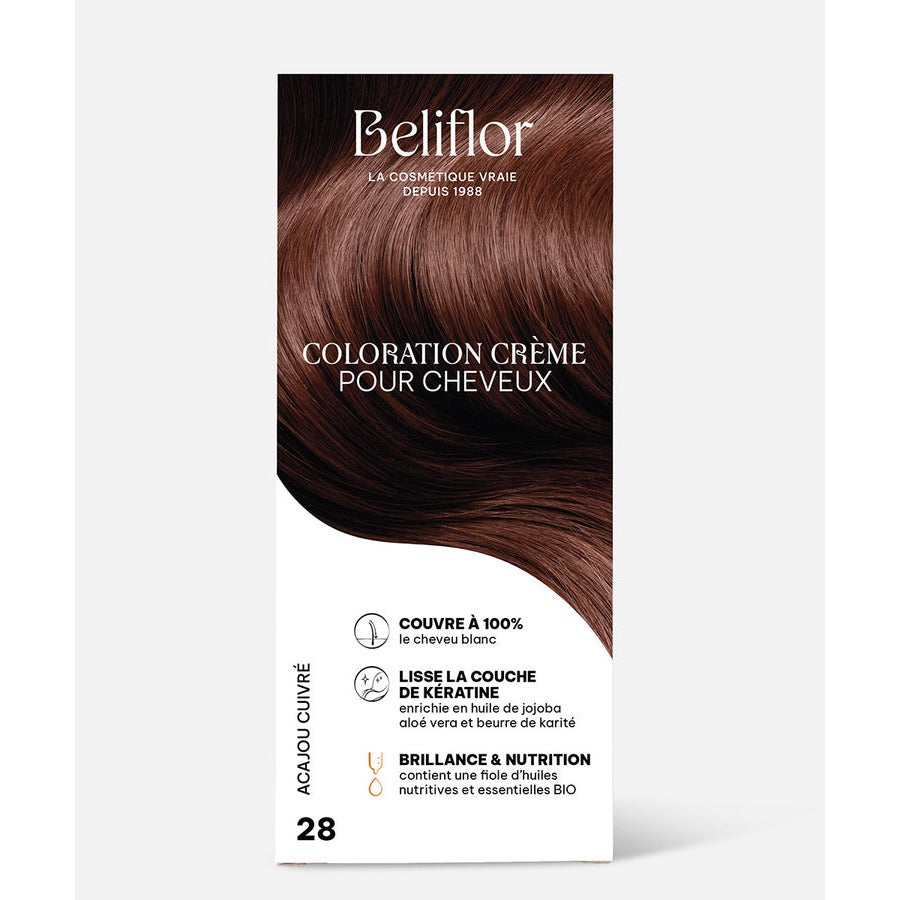Coloration Crème Sans Ammoniaque - Kit de 135 ml - Beliflor - 28 Acajou Cuivré