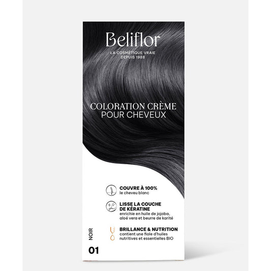 Coloration Crème Sans Ammoniaque - Kit de 135 ml - Beliflor - 01 Noir