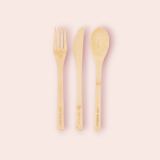 Set de 3 Couverts Réutilisables en Bambou Gravés (Couteau + Fourchette + Cuillère) - 3 Pièces - Cap Bambou