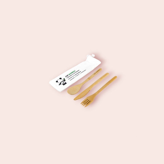 Kit de 3 Couverts en Bambou avec Pochon (Fourchette + Couteau + Cuillère) - 1 Kit - Cap Bambou