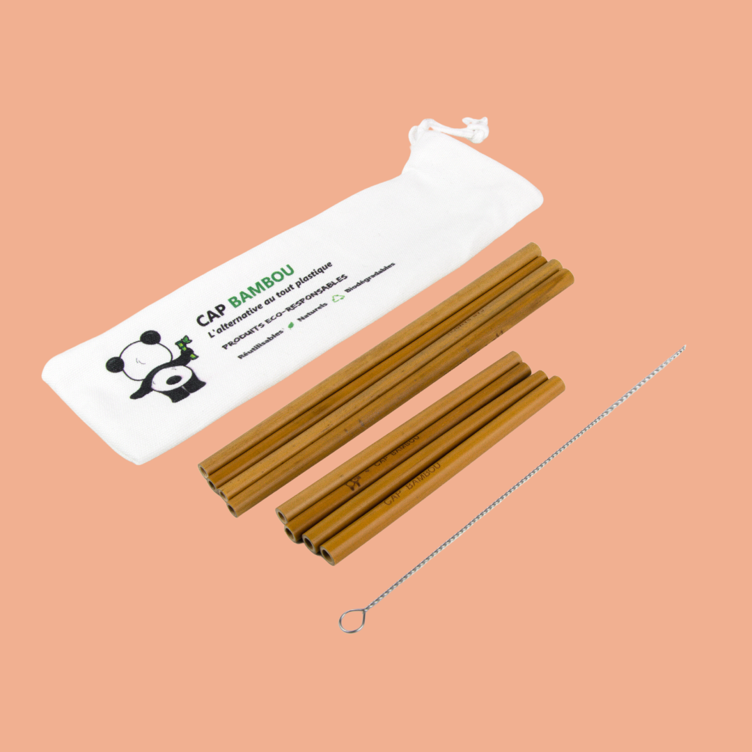 Kit Pailles Mix en Bambou avec Pochon (4 Pailles 20 cm + 4 Pailles 13 cm + 1 Goupillon) - 1 Kit - Cap Bambou