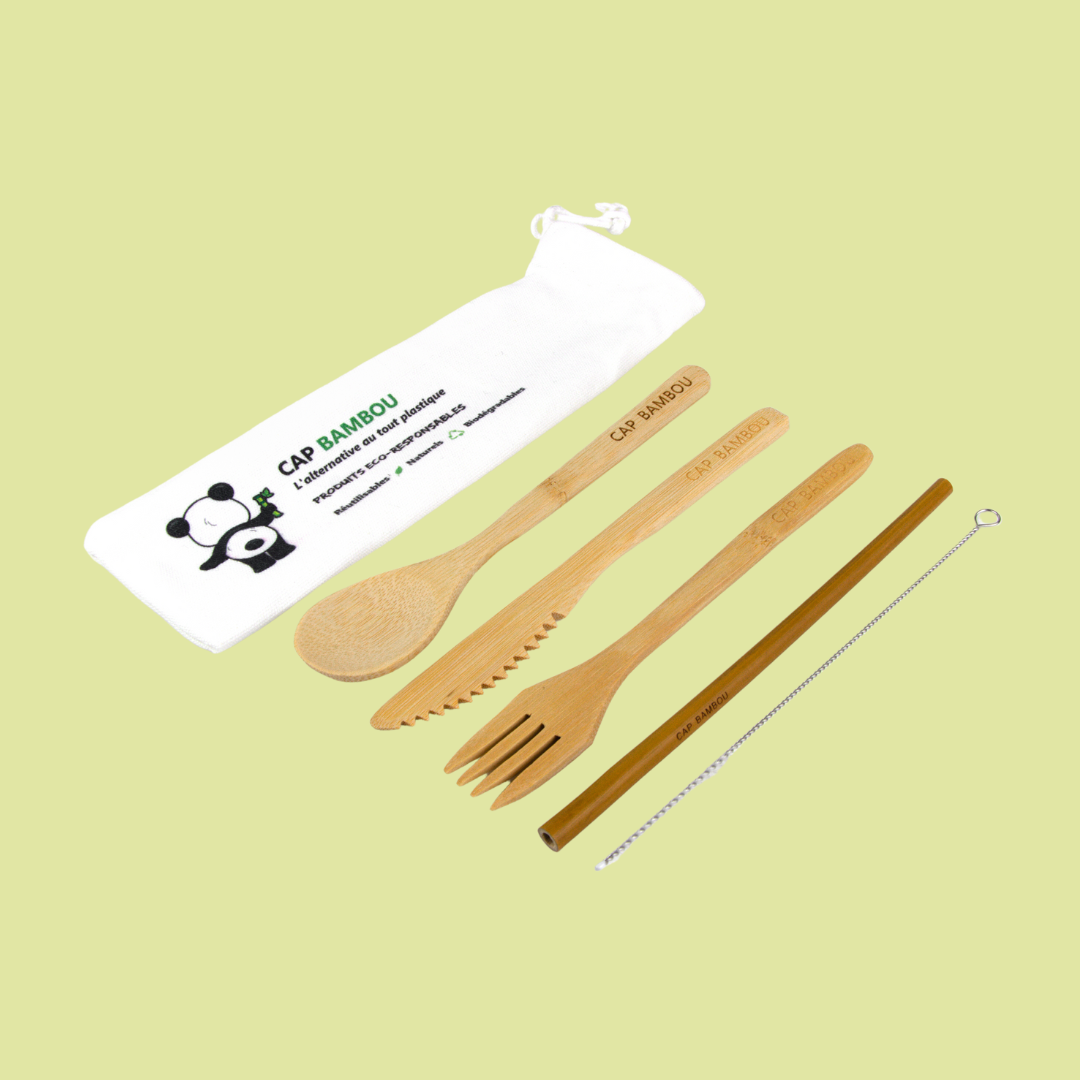 Kit Zéro Déchet en Bambou avec Pochon (3 Couverts + 1 Paille Longue + 1 Goupillon) - 1 Kit - Cap Bambou