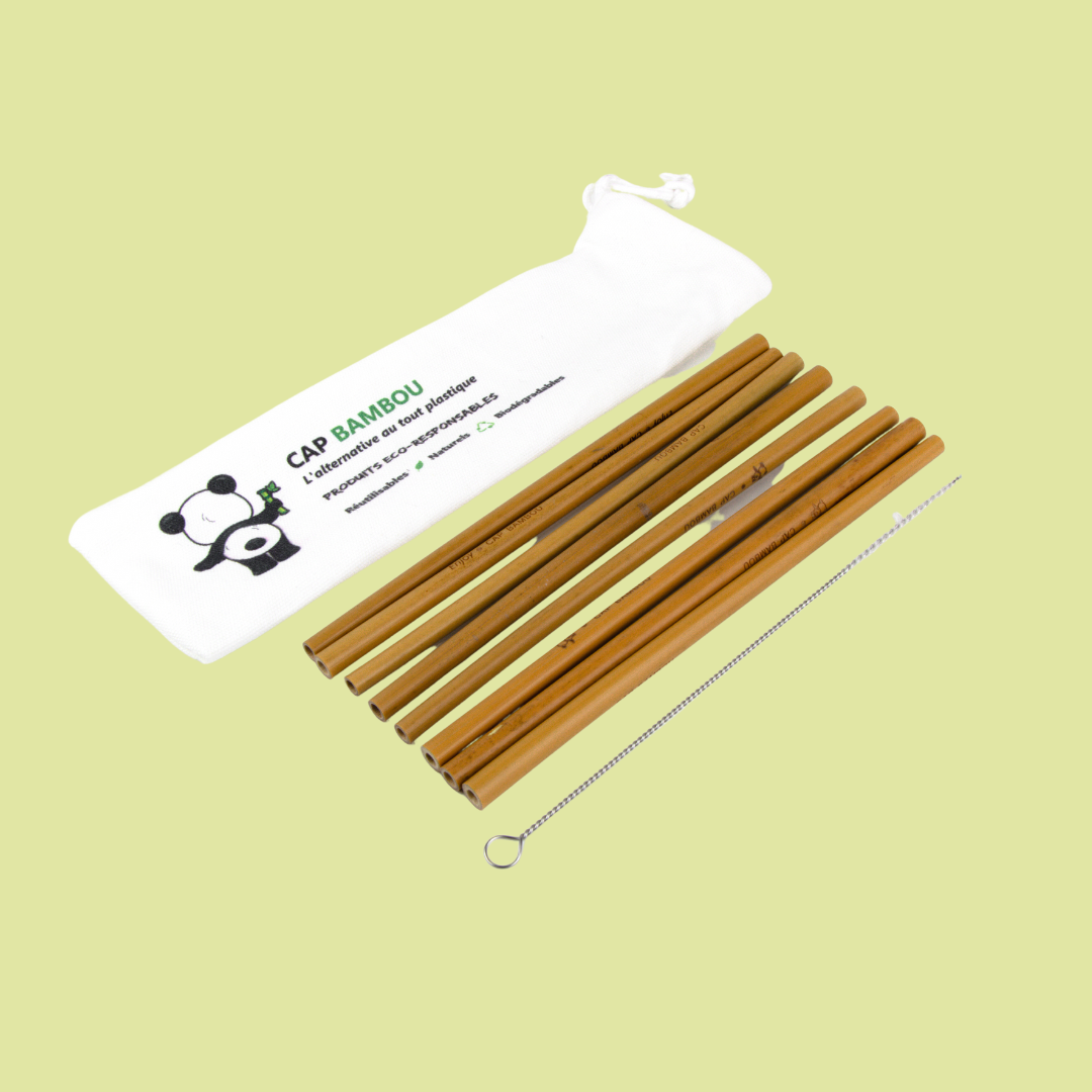 Kit Pailles Longues en Bambou avec Pochon (8 Pailles 20 cm + 1 Goupillon) - 1 Kit - Cap Bambou