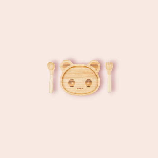 Set de Repas Enfant en Bambou (Assiette + Fourchette + Cuillère) - Panda - 1 Set - Cap Bambou