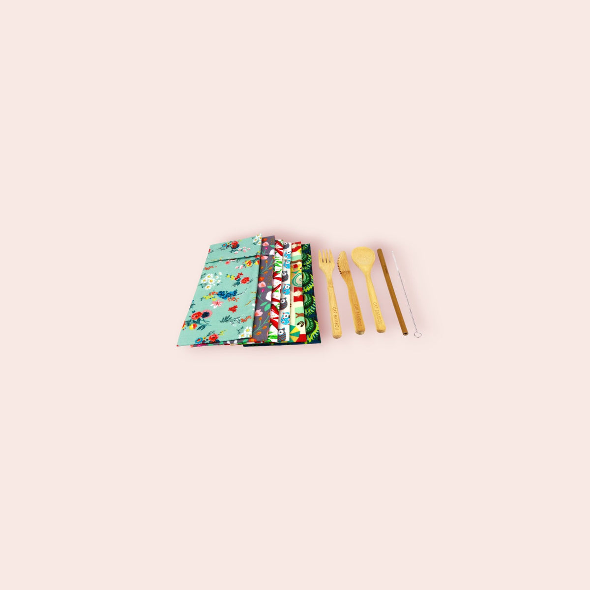 Kit Zéro Déchet en Bambou avec Pochon Made in France (3 Couverts + 1 Paille Longue + 1 Goupillon) - 1 Kit - Cap Bambou