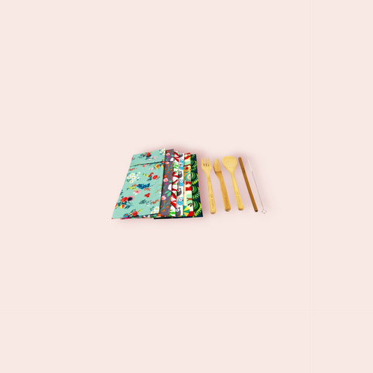 Kit Zéro Déchet en Bambou avec Pochon Made in France (3 Couverts + 1 Paille Longue + 1 Goupillon) - 1 Kit - Cap Bambou
