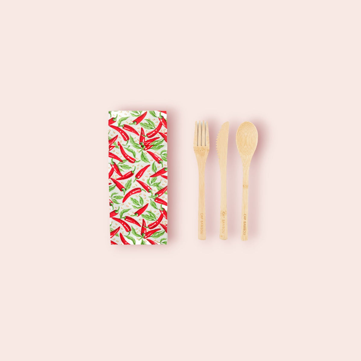 Kit de 3 Couverts en Bambou avec Pochon Made in France (Fourchette + Couteau + Cuillère) - 1 Kit - Cap Bambou