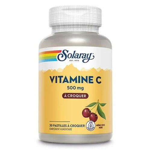 Vitamine C à Croquer - 500 mg - Arôme Cerise Noire - Solaray - 30 Pastilles à Croquer