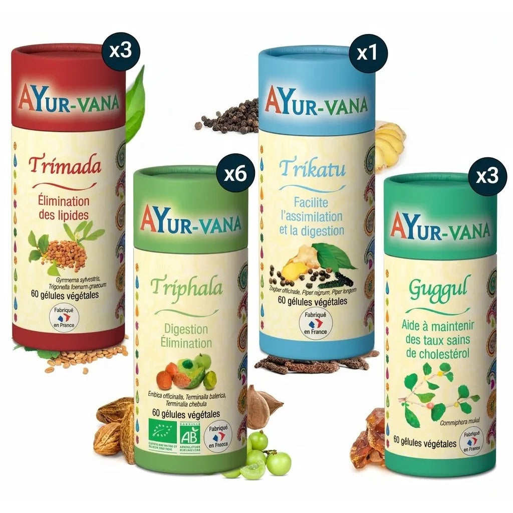 Programme Poids Idéal avec l'Ayurvéda: 6 Triphala - 60 Gélules, 1 Trikatu, 3 Trimada et 3 Guggul - Bio - Ayur-Vana