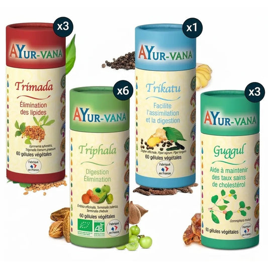 Programme Poids Idéal avec l'Ayurvéda: 6 Triphala - 60 Gélules, 1 Trikatu, 3 Trimada et 3 Guggul - Bio - Ayur-Vana