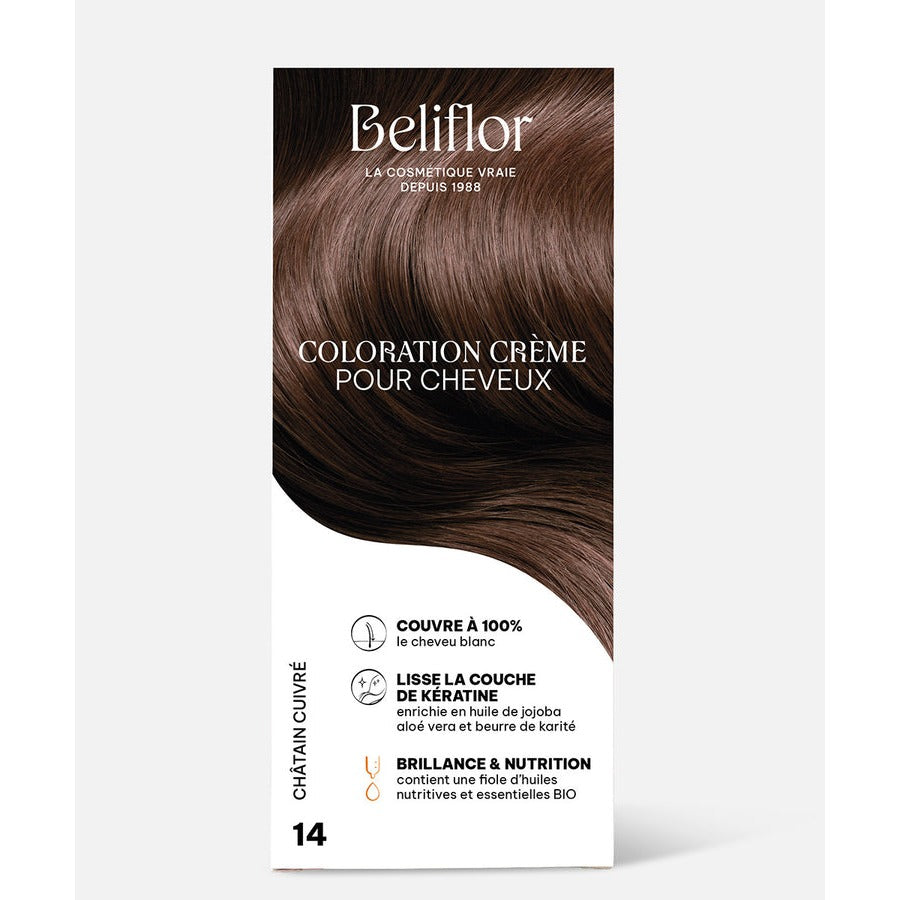 Coloration Crème Sans Ammoniaque - Kit de 135 ml - Beliflor - 14 Châtain Cuivré