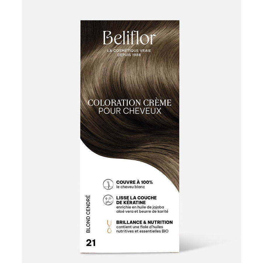 Coloration Crème Sans Ammoniaque - Kit de 135 ml - Beliflor - 21 Blond Cendré