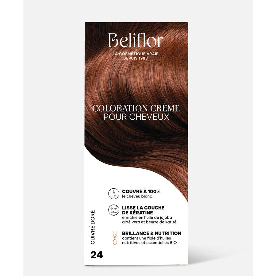 Coloration Crème Sans Ammoniaque - Kit de 135 ml - Beliflor - 24 Cuivré Doré