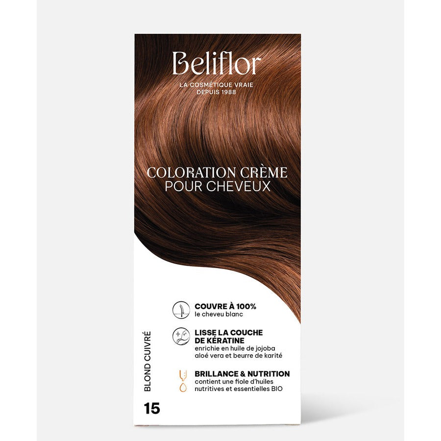 Coloration Crème Sans Ammoniaque - Kit de 135 ml - Beliflor - 15 Blond Cuivré