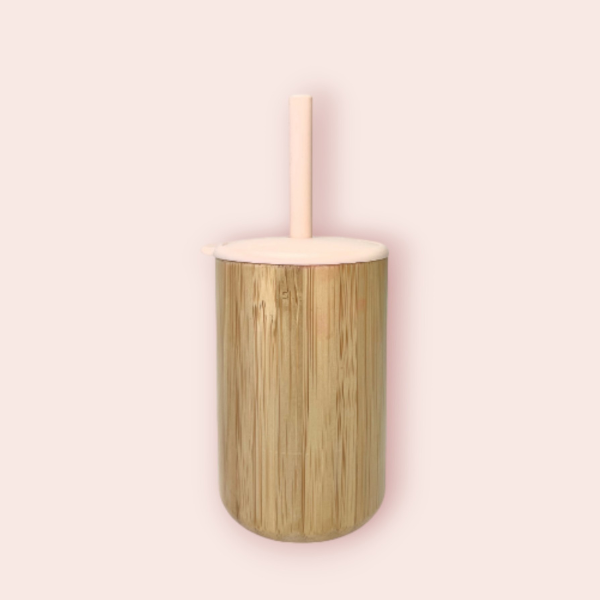 Verre en Bambou avec Couvercle et Paille en Silicone - Rose Poudré - 1 Pièce - Cap Bambou