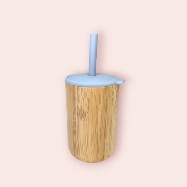 Verre en Bambou avec Couvercle et Paille en Silicone - Bleu Pastel - 1 Pièce - Cap Bambou
