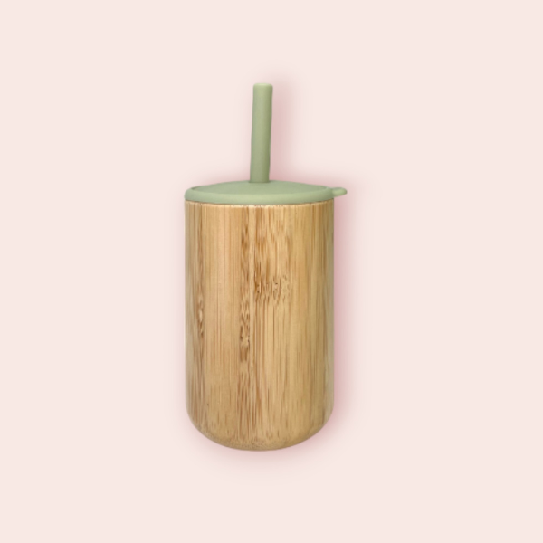 Verre en Bambou avec Couvercle et Paille en Silicone - Vert Pastel - 1 Pièce - Cap Bambou