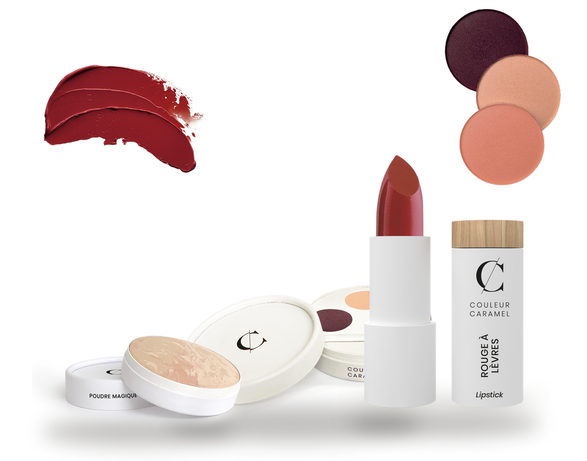 Palette Regard, rouge à lèvres et Poudre magique Couleur Caramel, avec des aplats de teintes