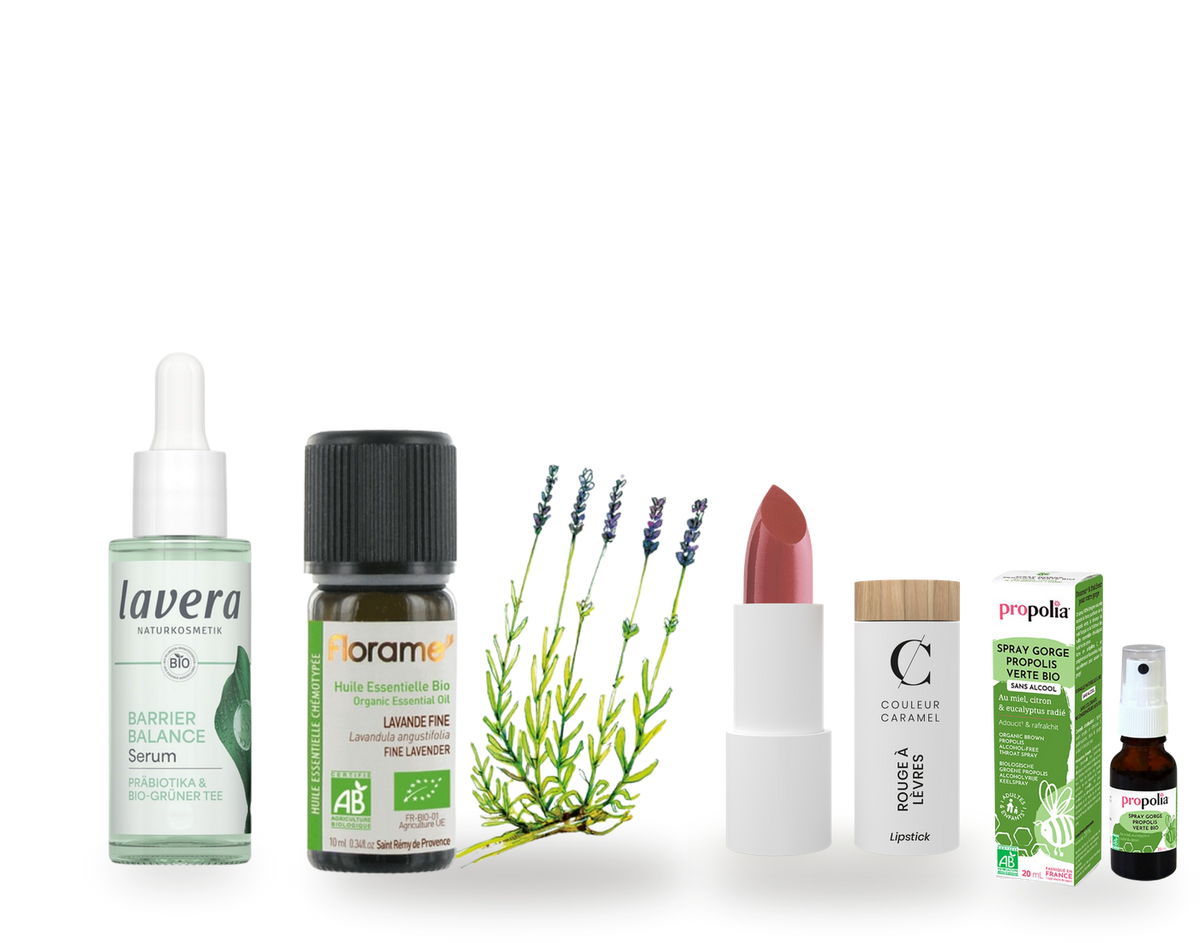 Sérum Lavera, huile essentielle de lavande fine Florame, rouge à lèvres Couleur Caramel et spray gorge Propolia