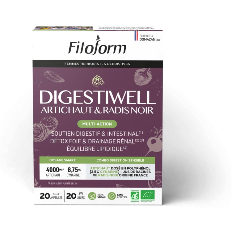 Digestiwell Artichaut et Radis Noir Français - 20 Ampoules de 10 ml - Bio - Fitoform