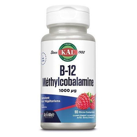 Vitamine B12 Méthylcobalamine - 1000 µg - Arôme Framboise - 90 Micro-Comprimés à Sucer - KAL