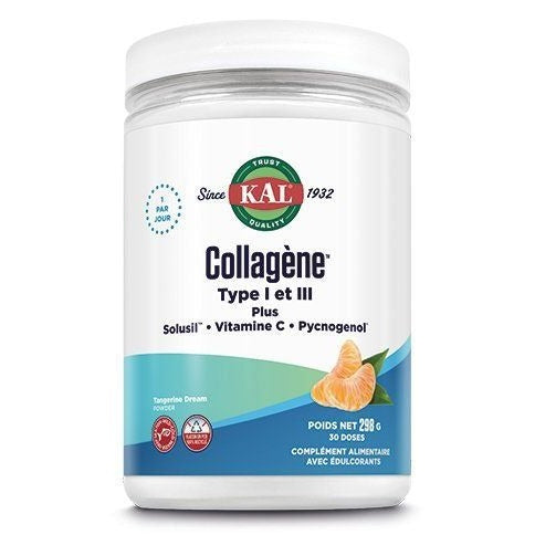 Collagène Type I et III Plus Solusil™ Vitamine C et Pycnogenol® - Arôme Mandarine - Pot de 298 g - KAL