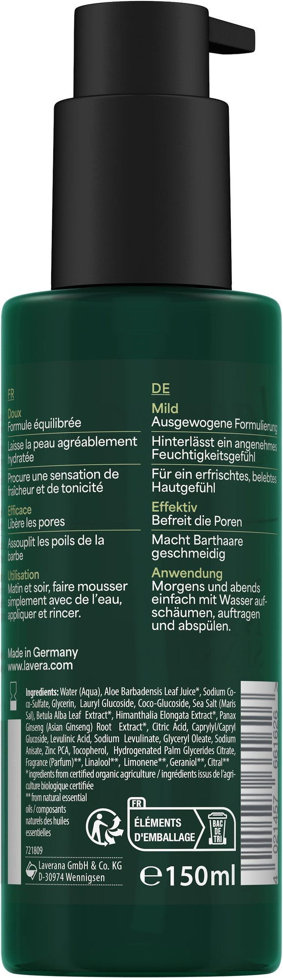 Men Sensitiv Gel Nettoyant Visage 2-en-1 - 150 ml - Lavera