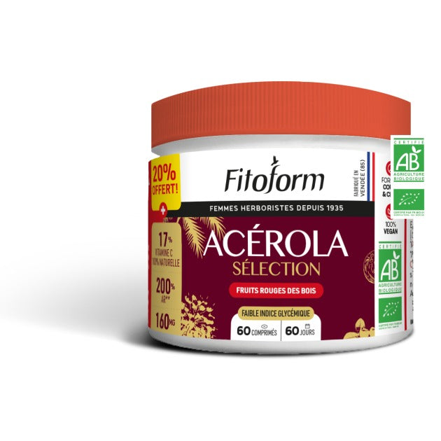 Acérola Sélection Fruits Rouges des Bois - Pilulier de 60 Comprimés - Bio - Fitoform