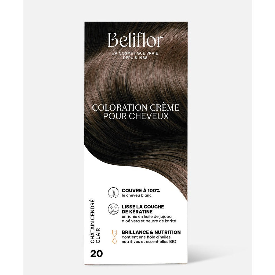Coloration Crème Sans Ammoniaque - Kit de 135 ml - Beliflor - 20 Châtain Cendré Clair
