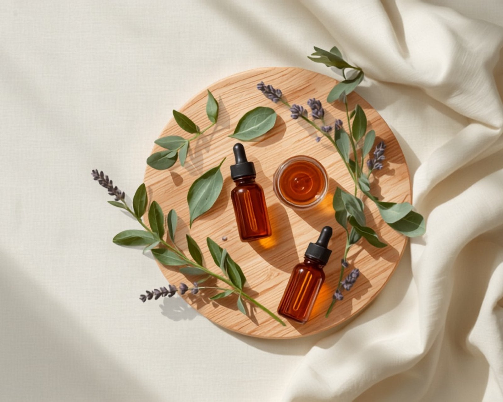 Huiles essentielles, feuilles d’eucalyptus et lavande posées sur du lin